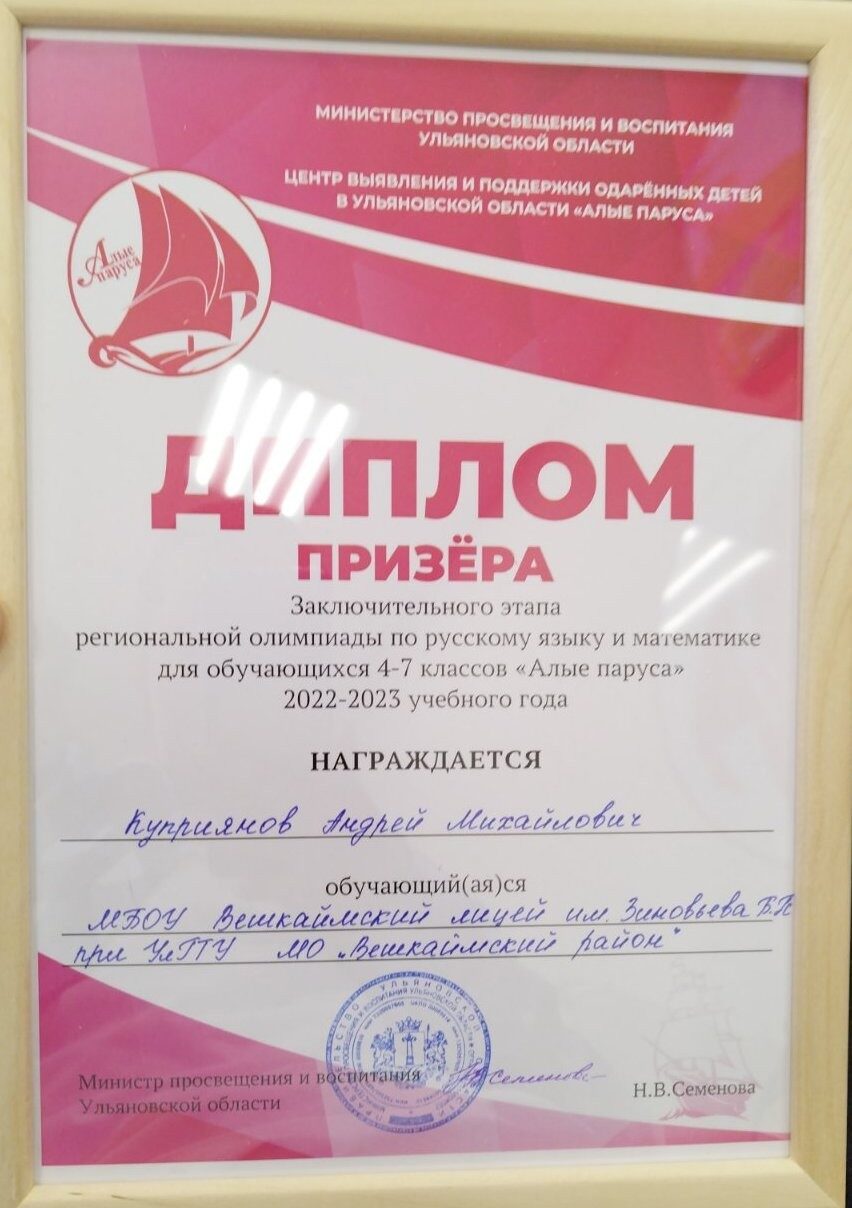 Призер региональная олимпиада по русскому языку.